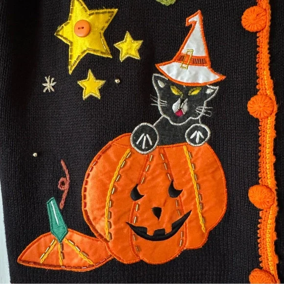 Vintage Halloween Sweater Vest Cat Pumpkin Ghost Applique Black Button Front L - Picture 4 of 14